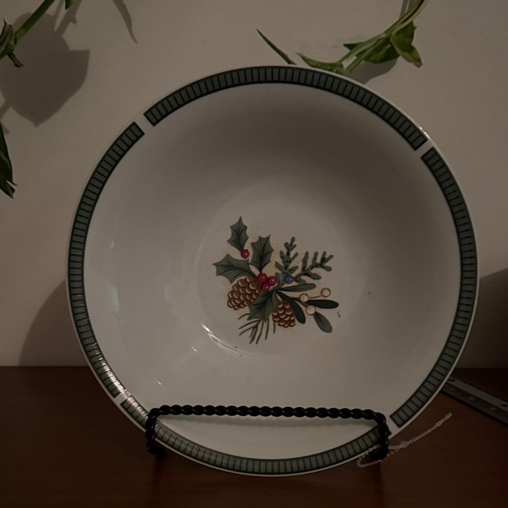 Festive Ceramic Bowl with Green Trim